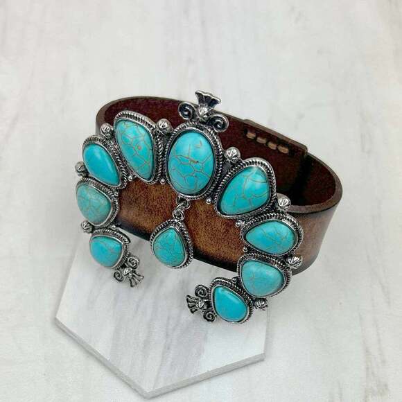 Brown Leather Bracelet with Large Blue Turquoise Blossom Design - Picture 9 of 10